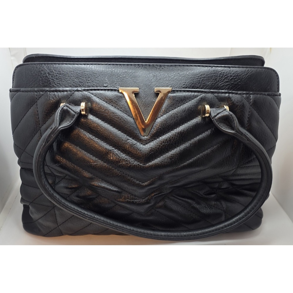 Black Quilted V Logo Satchel Handbag Gold Tone Hardware Chevron Pattern